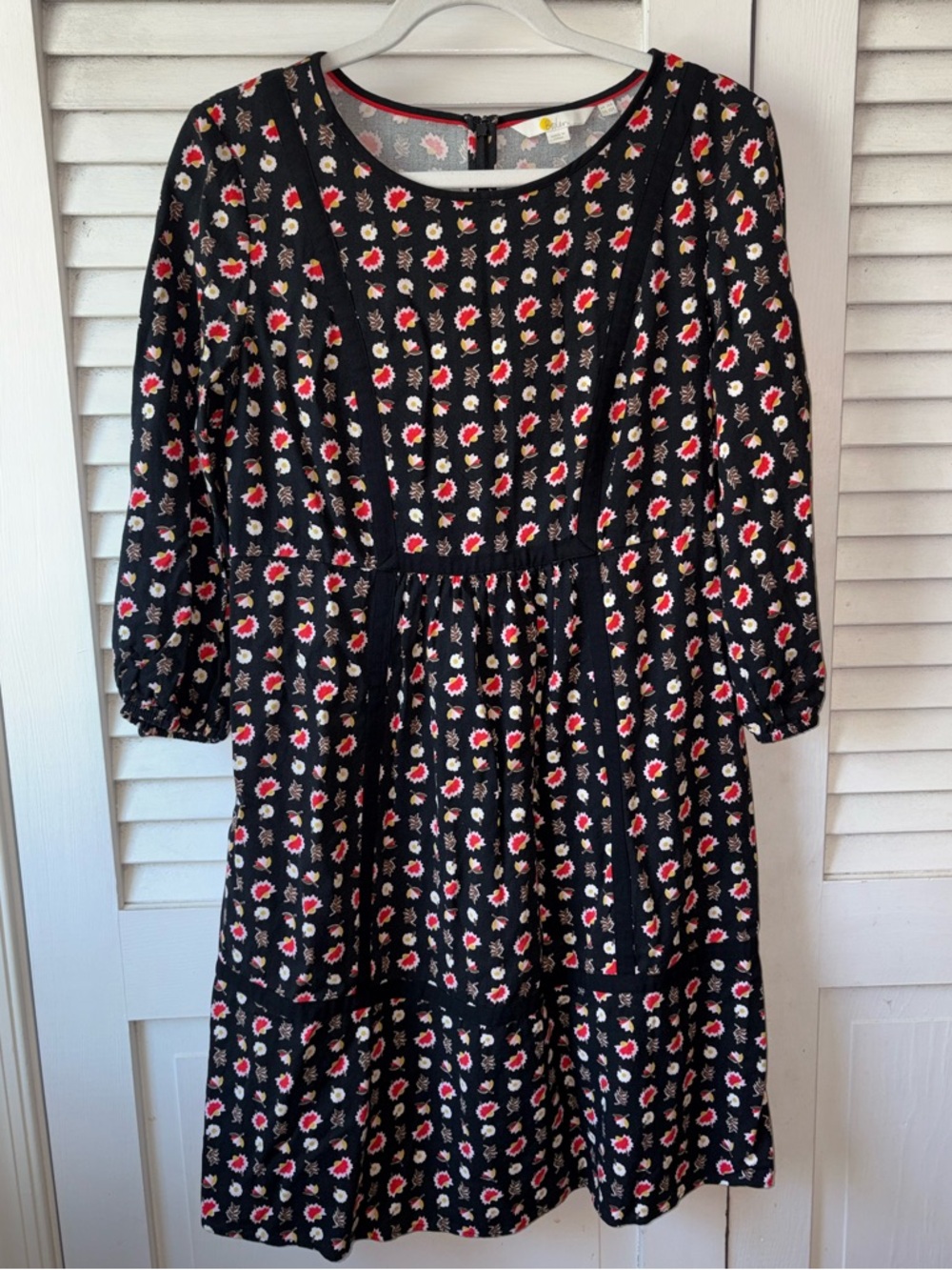 Boden Luna Floral Dress Black Red 3/4 Sleeve Empire Waist A-Line Size 10R - Picture 3 of 6